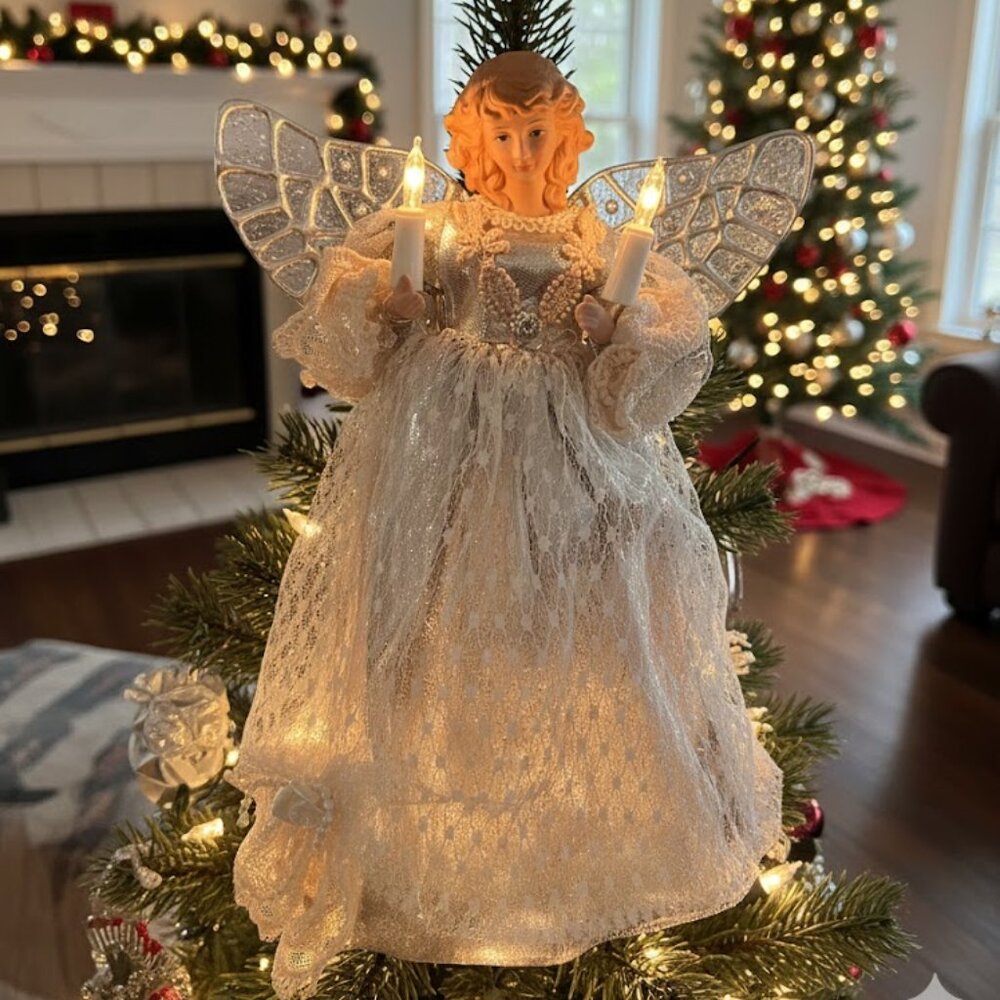 Vintage Victorian Angel Tree Topper - Light Up, Blinking Lights, 10" H